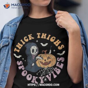 thick thighs spooky vibes death pumpkin retro halloween shirt tshirt