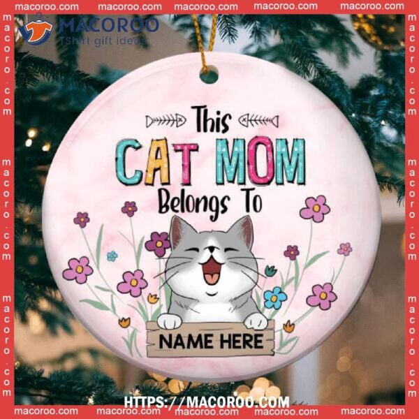 This Cat Mom Belongs To Purple Flowers Circle Ceramic Ornament, Cat Christmas Ornaments Personalized