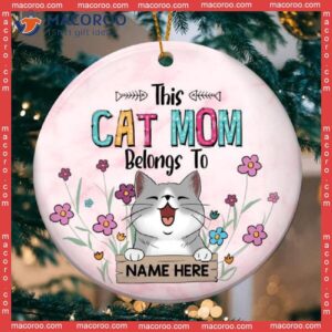 This Cat Mom Belongs To Purple Flowers Circle Ceramic Ornament, Personalized Lovers Decorative Christmas Ornament