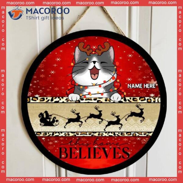 This Home Believes, Santa’s Sleigh, Red And Gold, Personalized Cat Christmas Wooden Signs