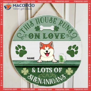 This House Runs On Love & Lots Of Shenanigans, Four-leaf Clover Door Hanger, Personalized Dog Breeds Wooden Signs