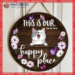 This Is Our Happy Place, Purple Butterflies And Flowers, Personalized Cat Wooden Signs