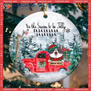 Tis The Season To Be Jolly Red Truck Circle Ceramic Ornament, Personalized Cat Lovers Decorative Christmas Ornament