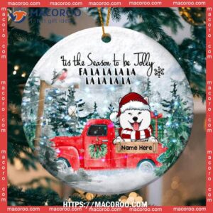 Tis The Season To Be Jolly Red Truck Circle Ceramic Ornament, Pug Ornament