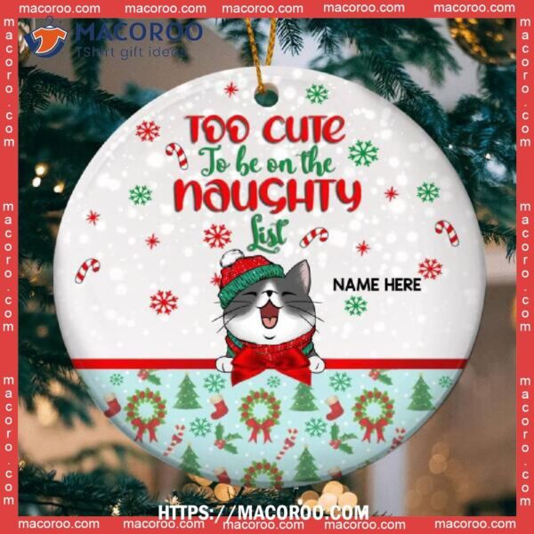 Too Cute To Be On The Naughty List Gray Circle Ceramic Ornament, Cat Lawn Ornaments