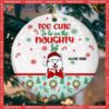 Too Cute To Be On The Naughty List Gray Circle Ceramic Ornament, Personalized Dog Lovers Decorative Christmas Ornament