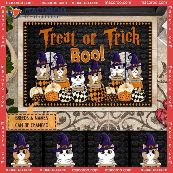 Treat Or Trick, Boo!, Witch Cats On Pattern Pumpkins, Personalized Cat Halloween Wooden Signs