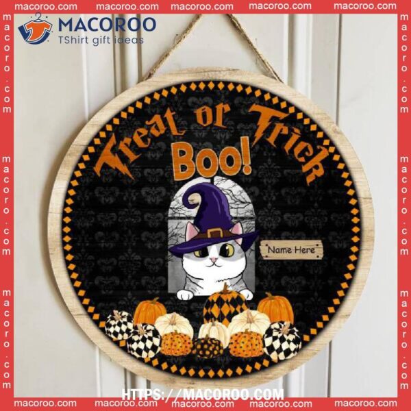 Treat Or Trick, Boo!, Witch Cats On Pattern Pumpkins, Personalized Cat Halloween Wooden Signs, Halloween Bouquet