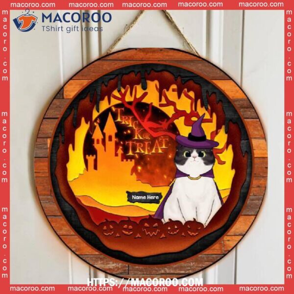 Trick Or Treat, Cats Wear Halloween Costume Front Castle, Personalized Cat Wooden Signs, Halloween Gifts For Coworkers