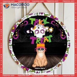 Trick Or Treat, Flowers Skull, Personalized Cat Halloween Wooden Signs, Cute Spooky
