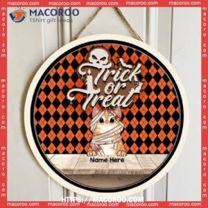 Trick Or Treat, Orange And Black Argyle, Mummy Cats, Personalized Cat Halloween Wooden Signs, Spooky Gifts