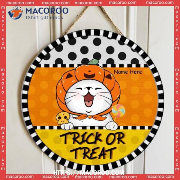 Trick Or Treat, Pumpkin Hat, Polka Dots, Personalized Cat Halloween Wooden Signs, Halloween Gifts For Teens
