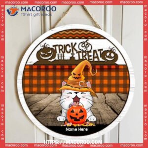 Trick Or Treat, Yellow Witch Hat, Orange Plaid, Personalized Cat Halloween Wooden Signs, Halloween Gift Shop