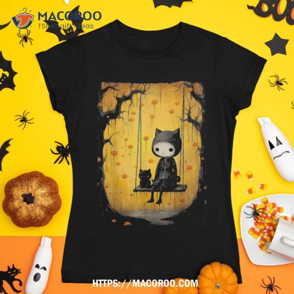 Vintage Cute Ghost On The Swing Black Cat Halloween Gothic Shirt, Scary Skull