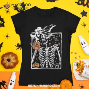 Vintage Halloween Skeleton Drinking Coffee Smiling Skull Shirt, Sugar Skull Pumpkin
