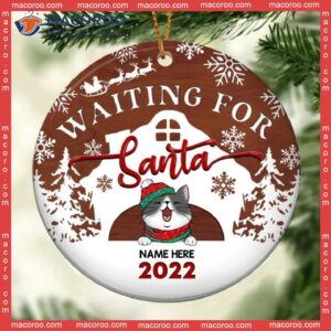 Waiting For Santa 2022 Brown Wooden Circle Ceramic Ornament, Personalized Cat Lovers Decorative Christmas Ornament