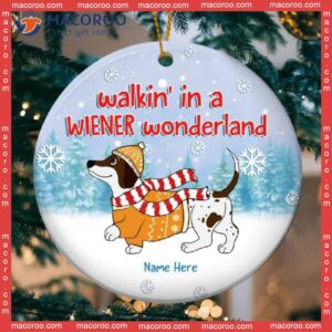 Walkin’ In A Wiener Wonderland Blue Circle Ceramic Ornament, Personalized Dog Lovers Decorative Christmas Ornament