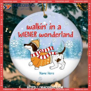Walkin’ In A Wiener Wonderland Blue Circle Ceramic Ornament, Personalized Dog Ornaments