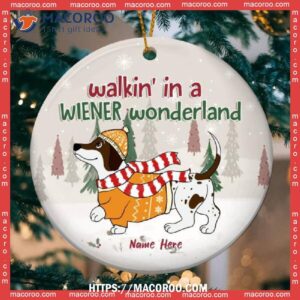 Walkin’ In A Wiener Wonderland Grey Circle Ceramic Ornament, Paw Print Ornament