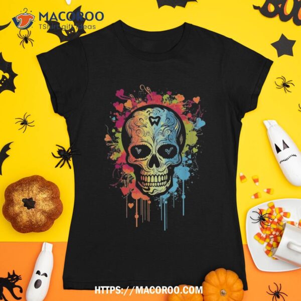 Watercolor Skull Tee Graphic Color Tees Halloween Shirt, Halloween Skull