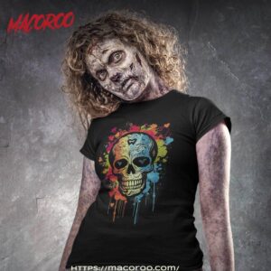 Watercolor Skull Tee Graphic Color Tees Halloween Shirt, Halloween Skull