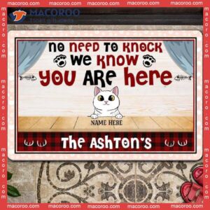 We Know You Are Here Plaid Table Front Door Mat, Gifts For Cat Lovers, No Need To Knock Custom Doormat