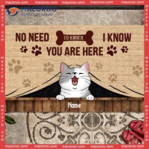 We Know You Are Here Vintage Front Door Mat, Gifts For Cat Lovers, No Need To Knock Personalized Doormat