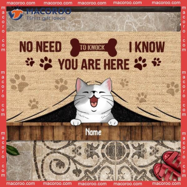 We Know You Are Here Vintage Front Door Mat, Gifts For Cat Lovers, No Need To Knock Personalized Doormat