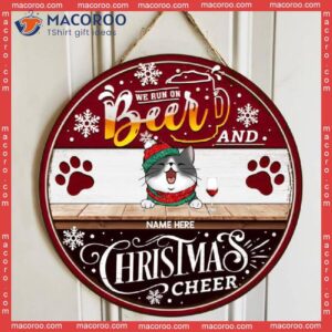 We Run On Beer And Christmas Cheer, Black & Red, Personalized Cat Wooden Signs