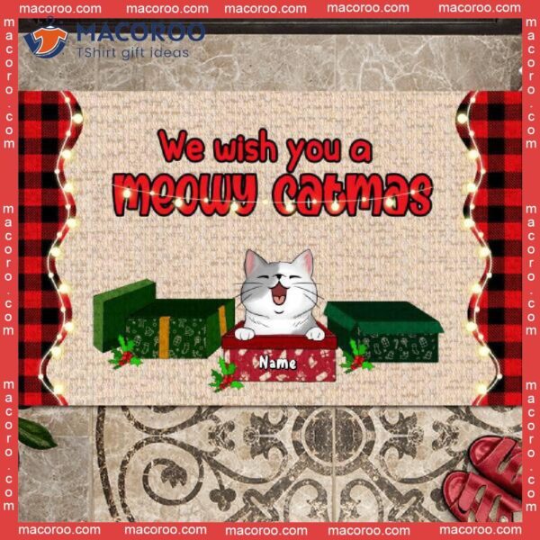 We Wish You A Meowy Catmas Buffalo Plaid Front Door Mat, Gifts For Cat Lovers,christmas Personalized Doormat