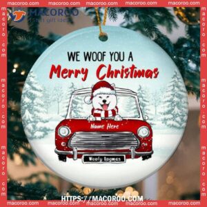 We Woof You A Merry Xmas Red Truck Circle Ceramic Ornament, Dog Christmas Ornaments