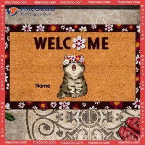 Welcome Cat With Sakura Flower Wreath Outdoor Door Mat, Personalized Doormat, Gifts For Lovers