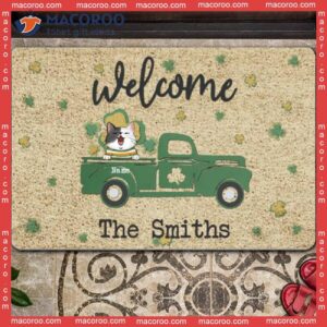 Welcome Cats In Green Truck Outdoor Door Mat,st. Patrick’s Day Personalized Doormat, Gifts For Cat Lovers