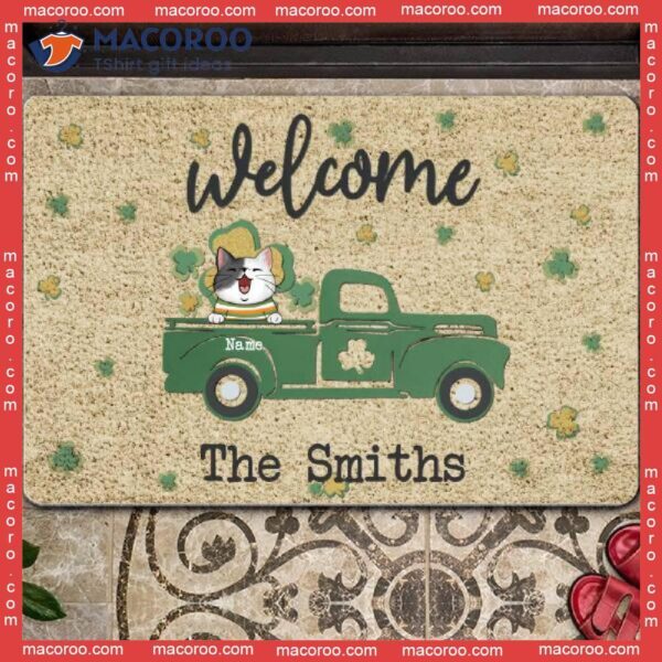 Welcome Cats In Green Truck Outdoor Door Mat,st. Patrick’s Day Personalized Doormat, Gifts For Cat Lovers