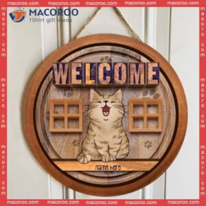 Welcome Chubby Laughing Cat Front Personalized Door Sign