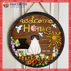 Welcome Home, Cats At Garden, Personalized Cat Wooden Signs