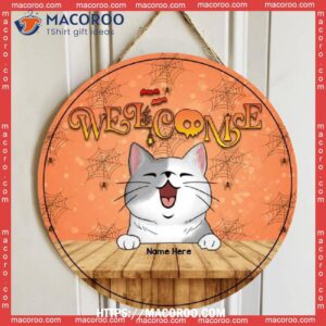 Welcome, Orange Color, Personalized Cat Halloween Wooden Signs, Halloween Gifts For Students