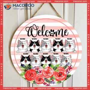 Welcome, Pink Flowers, Personalized Cat Wooden Signs