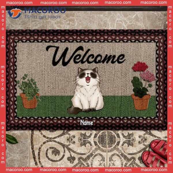 Welcome Plant And Flower Front Door Mat, Personalized Doormat, Gifts For Cat Lovers