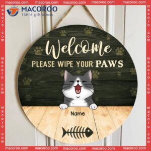 Welcome Please Wipe Your Paws, Green Pawprints Rustic Door Hanger, Personalized Cat Breeds Wooden Signs, Housewarming Gift