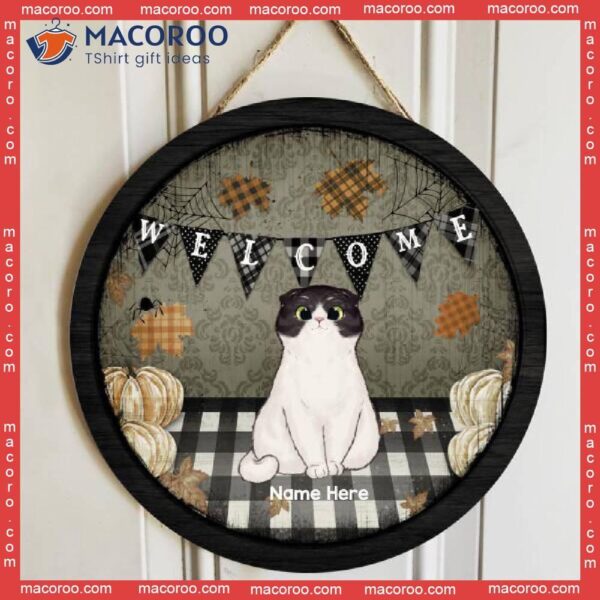 Welcome, Pumpkins And Cats On Plaid Floor, Personalized Cat Autumn Wooden Signs