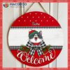 Welcome, Red Top And Bottom, Black Plaid Bow, Personalized Cat Christmas Wooden Signs