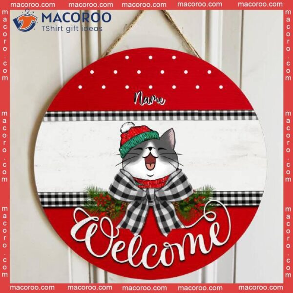 Welcome, Red Top And Bottom, Black Plaid Bow, Personalized Cat Christmas Wooden Signs