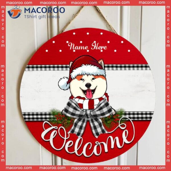 Welcome, Red Top And Bottom, Black Plaid Bow, Personalized Dog Christmas Wooden Signs