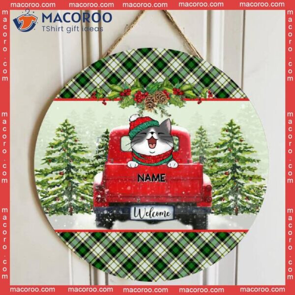 Welcome, Red Truck Door Hanger, Plaid Wreath, Personalized Christmas Cat Breeds Wooden Signs, Lovers Gifts