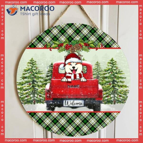 Welcome, Red Truck Door Hanger, Plaid Wreath, Personalized Christmas Dog Breeds Wooden Signs, Lovers Gifts