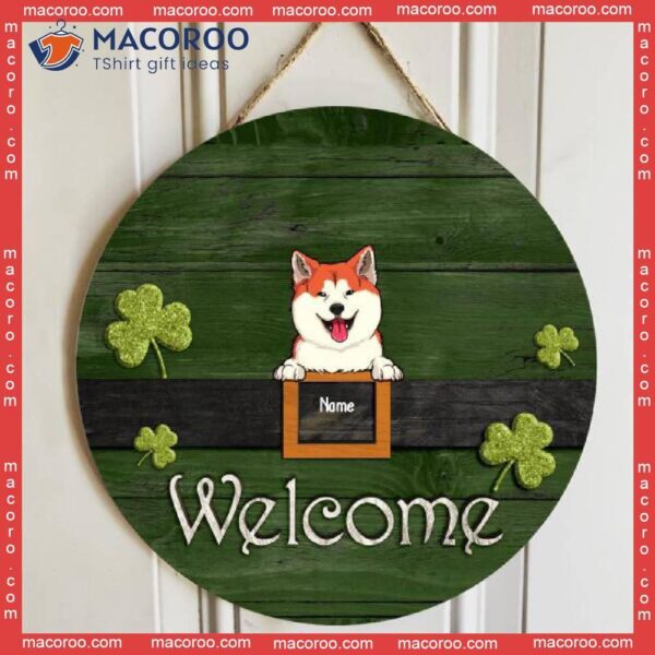 Welcome, Shamrock Door Hanger, Personalized Dog Breeds Wooden Signs, St. Patrick Day Front Decor, Lovers Gifts