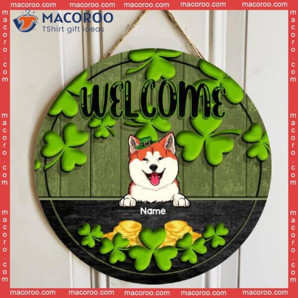 Welcome, Shamrock & Gold Coin, Personalized Dog Cat Wooden Signs, St. Patrick Day Front Door Decor, Pet Lovers Gifts