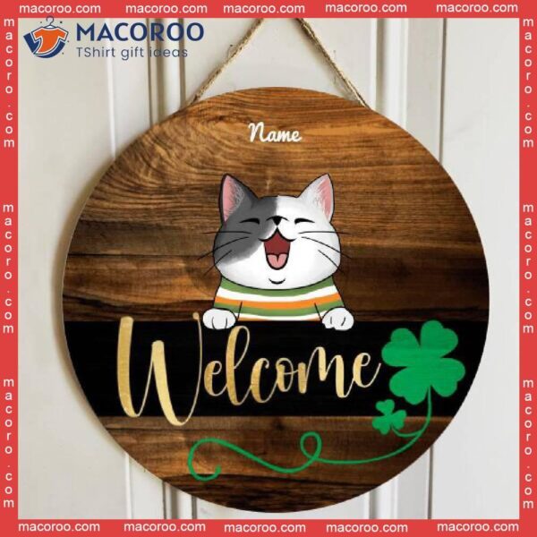 Welcome, Shamrock Wooden Door Hanger, Personalized Cat Breeds Signs, St. Patrick’s Day Front Decor