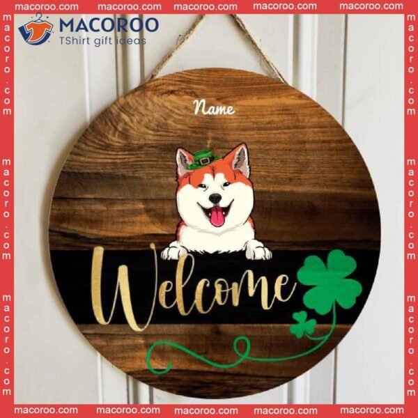 Welcome, Shamrock Wooden Door Hanger, Personalized Dog Breeds Signs, St. Patrick’s Day Front Decor